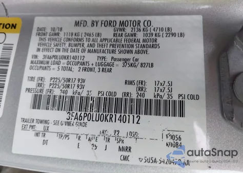 2019 Ford Fusion Hybrid Se из США, поврежденный, VIN 3FA6P0LU0KR140112